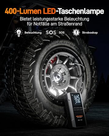 WOLFBOX 4000A Пускозарядний пристрій з компресором 160PSI, 12V, 65W, 88.8Wh, для бензинових/дизельних двигунів 10L, LED-ліхтар, кабелі, 4000A