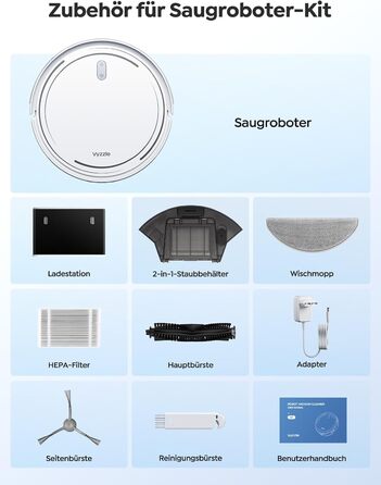 Робот-пилосос з функцією миття підлоги Vyzzle D10, LDS навігація, 5000Pa, керування через додаток/Alexa, для шерсті тварин, килимів, твердих підлог, білий