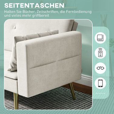 HOMCOM Sleeper Sofa, Convertible Sofa with Adjustable Backrest, Side Pocket, Upholstered 2-Seater Sofa Bed with Sleeping Function, Cushions, for Living Room, Bedroom, Beige | Aosom
