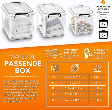 tillvex® Storage Boxes with Lid, 4-Piece Set - 13 Liters, Food Safe | Plastic Boxes Set Stackable | Storage Organization System Box Large | Storage Boxes Clothes Boxes 100% New Material