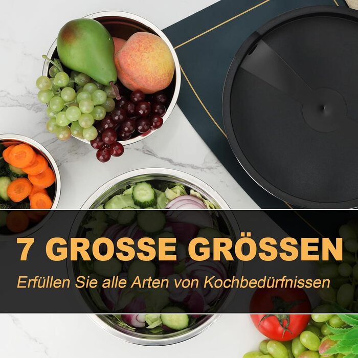 Набір мисок для перемішування Hunnycook Bunte 5 шт., нержавіюча сталь, з кришкою, силіконове дно, тертки, 4.5/4/2.4/1.7/0.8 л, мийка в посудомийній машині