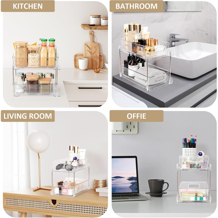 Cinnani 2 Pack 2-Tier Under Sink Shelf, Kitchen Cabinet, Refrigerator, Under Cabinet Organizer, Multifunctional Acrylic with Sliding Drawer Kitchen Shelf for Food Storage Containers, Spice Rack, Cosmetics
