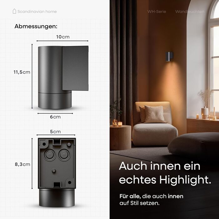 LED-стінна лампа для дому в скандинавському стилі, Aussen & Innen, регулювання яскравості, IP65, 230V, 6W, тепле біле світло 3000K, 700lm, для дому та саду, комплект 2 шт. (Wh-серія Антрацит Ral 7016)