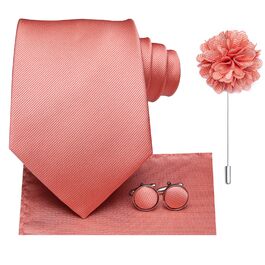 Комплект краваток для чоловіків Hi-Tie: краватка, нагрудна хустинка, кравецькі шпильки, запонки, формальний шовк, для весілля та свят (кораловий)