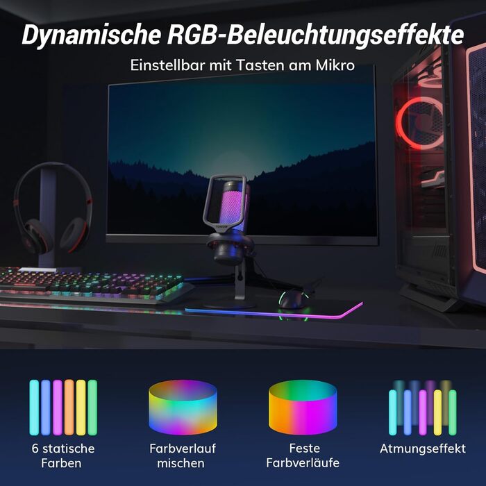 Мікрофон геймерський TONOR TC310 USB для ПК, PS4/PS5 з RGB підсвіткою та тримачем