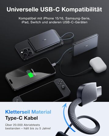 Портативний зарядний пристрій TORRAS Slim Powerbank 10000mAh з кабелем USB-C, 22.5W PD3.0, для iPhone, Samsung, AirPods, білий