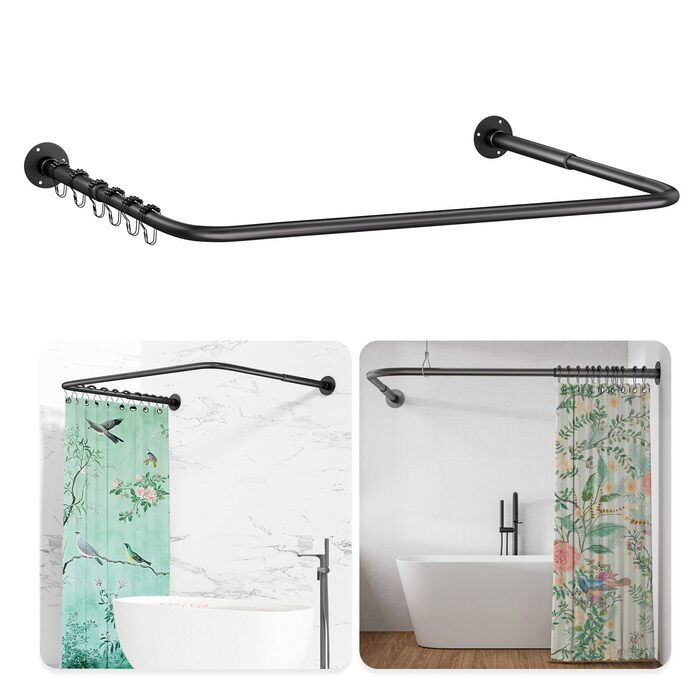 Регульована душова штанга U-подібної/L-подібної форми, 60-92 x 78-196 x 60-92 см, з 12 кільцями для шторки та підпоркою для стелі, чорна. Підходить для ванни/ванної кімнати. Потрібне свердловий монтаж.