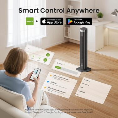 Вентилятор Pureborne 91 см з осциляцією, керуванням Wi-Fi та пультом, 4 швидкості та 4 режими, таймер 12 годин, чорний