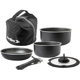 Набір посуду для кемпінгу BRUNNER з алюмінію (каструлі та сковорідки) - діаметр 20, 22, 24, 26 см, Pirate Vakublock, на 4 особи, з покриттям, легкий, високоякісний, компактний, 4+1 предмет