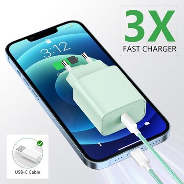 Зарядний пристрій USB-C 20W для iPhone 17/16/15 Pro/Plus, кабель Type-C 2м, PD3.0, адаптер живлення - Зелений