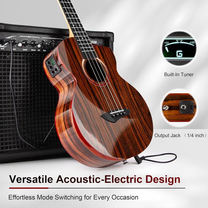 Гуталеле Caramel GEG95 з бокоте, глянцеве покриття | Акустична та електрогітара з аксесуарами для подорожей | 30' Baritone, чорне ебоні | Професійний набір, ручної роботи