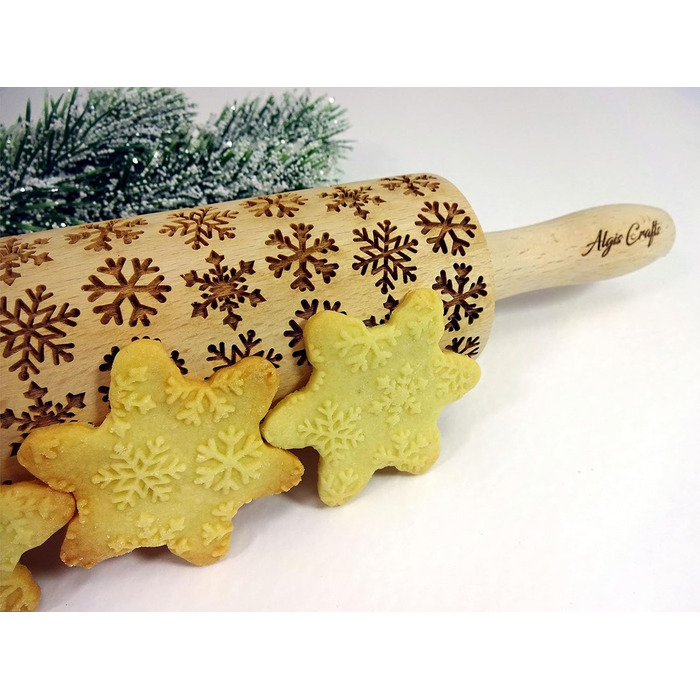Snowflake Rolling Pin with Pattern Christmas Baking - Dough Roller Wood for DIY Christmas Cookies and Ceramics - Engraved Cookie Roller with Motif - 3D Cookie Roller by Algis Crafts