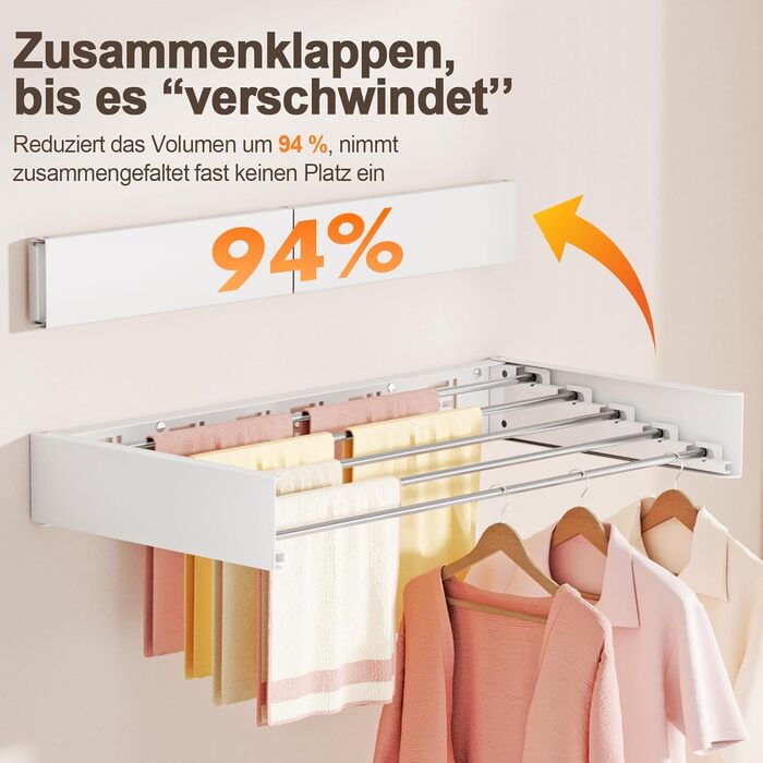 Настінна розкладна сушарка для білизни, компактна сушарка для рушників, висувна з шаблоном для свердління (6 сушарок, білий, 100 см), білий (білий, 80 см)