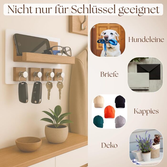 Сучасне ключниця Alakay з полицею - блискуче дерев'яне ключниця для стильного зберігання ключів, підставка для ключів. Ідеально підходить для дому або офісу, практична та елегантна (білий)