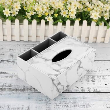 BSTKEY Tissue Box Rectangular Faux Leather Tissue Box with Remote Control (White Marble)