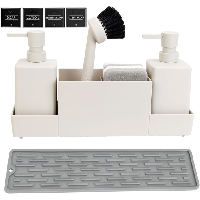 CAUTIOUS 350ML Sink Organizer with Brush, Soap Dispenser Sponge Kitchen Dish Soap Dispenser Set Made of Plastic, Sink Organizer with Two Soap Dispensers, Kitchen Gadget Organizer (white)