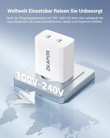 Мережевий зарядний пристрій ZKAPOR з USB-C, 4 порти, 45W, білий. Підходить для iPhone 16/15/14, Samsung Galaxy, Huawei, iPad.
