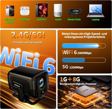 Портативний проєктор Mini Beamer 4K з WiFi 6, Bluetooth 5.4, автоматичною корекцією трапецеїдальних спотворень, обертання 270°, підтримка USB/Laptop, з пультом ДУ та мишкою, білий (Black-1)