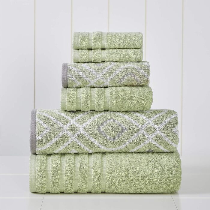 Amrapur Overseas Modern Threads Towel Set, 6-Piece, Oxford Stripe, Jacquard/Solid, Ultra-Soft, 500 g/m², 100% Combed Cotton, Sage Green Standard Gray-Green
