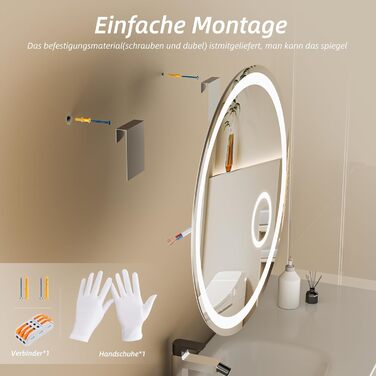 Дзеркало для ванної кімнати HySail з підсвічуванням, 5 мм високоякісне срібне скло, 3 колірні температури та регульована яскравість, настінне дзеркало з сенсорним вимикачем та антизапарюючим покриттям, кругле, 70 x 70 см