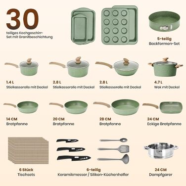 Набір гранітних каструль та сковорідок Kitchen Academy для індукційних плит, 30 предметів, зелений