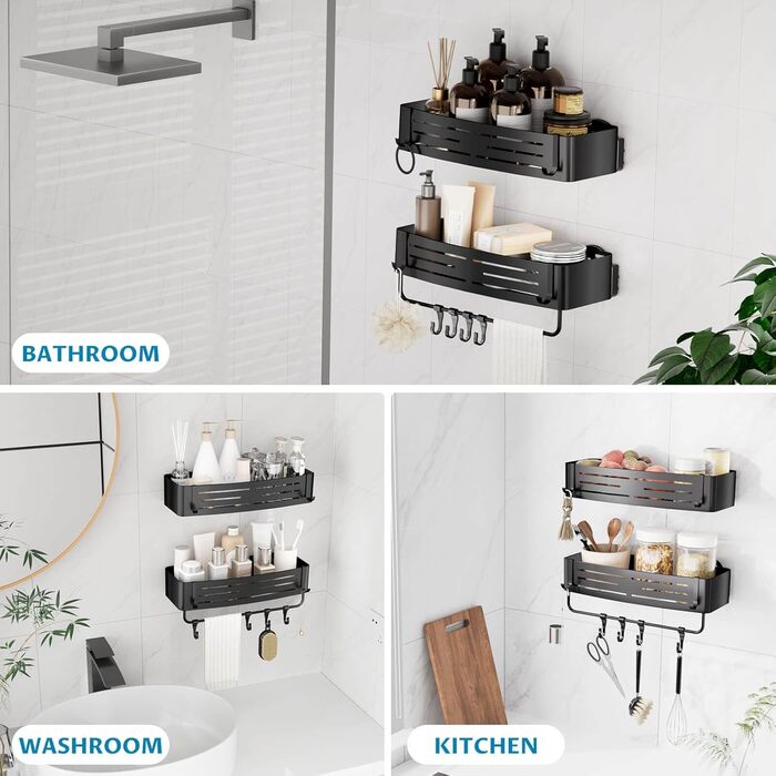 Двошаркова полиця для душу без свердління з присосками, вологостійка, чорна. Організатор для ванної кімнати з тримачем для рушників, шампуню та гелю для душу. Кутова полиця для душу з гачками, 2 шт.