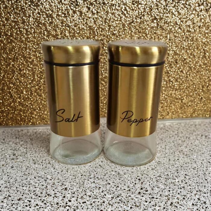 Набір солянок та перечничок 150 мл (2 шт.) з нержавіючої сталі та скла, золоті, для дому, кухні, ресторану, барбекю
