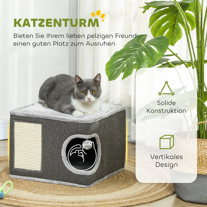 PawHut Дряпальня для котів, 35 см у висоту, котячий тунель з печерою, кігтеточка з іграшковою кулькою, котячий турецький оазис з сизалю, для котів до 6 кг, Темно-сірий+Крем-білий | Aosom