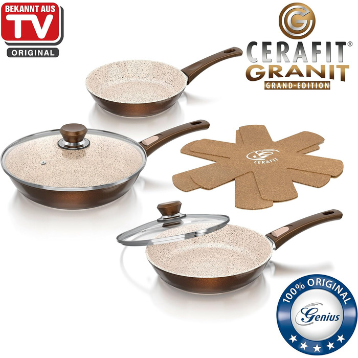 Набір сковорідок Genius Cerafit Fusion (7 шт.) з керамічним покриттям | 28 x 28 см, смарагдовий, антипригарне покриття Lotus, легке миття