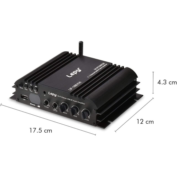 Lepy LP-168 Plus Bluetooth підсилювач 2.1 канали, 2x45Вт+68Вт, HiFi цифровий стерео бас, USB, MP3, MP4, DVD, для авто, з LED підсвіткою