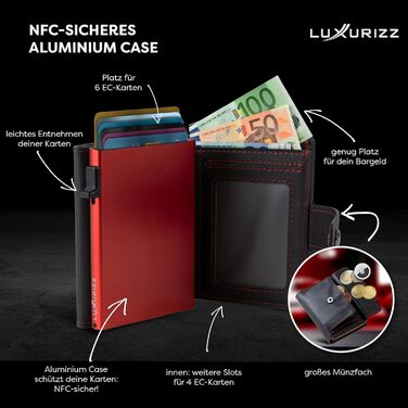 Смарт-гаманець Luxurizz з натуральної шкіри червоний/чорний - тонкий гаманець з відділом для монет та RFID-захистом - практичний картхолдер з слайдером для чоловіків та жінок, вміщує 10 карт