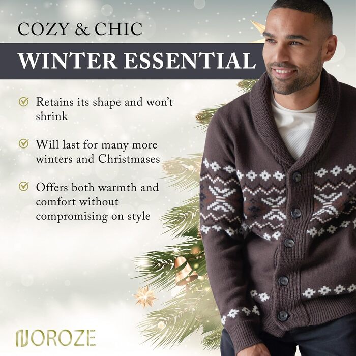 Чоловічий кардиган NOROZE на Різдво з візерунком Fair Isle, в'язаний, на ґудзиках