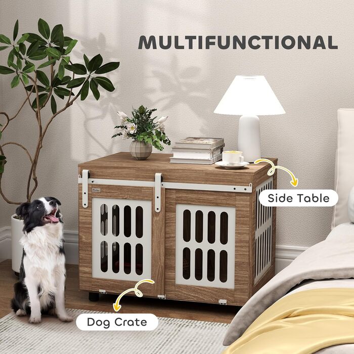 Клітка для собак PawHut з ковзними дверима, середнього розміру, з регульованим столиком, 80 x 59 x 63 см, горіхове дерево