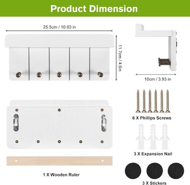 Дерев'яне ключниця з полицею, білий колір, 5 гачків, декоративна настінна полиця для прихожої, кухні, спальні
