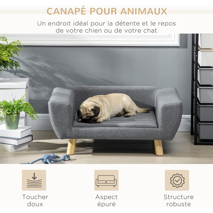 PawHut Софа для собак, скандинавський дизайн, м'яка подушка, дерев'яні ніжки, 87 x 61 x 36 см, поліестер, сіра