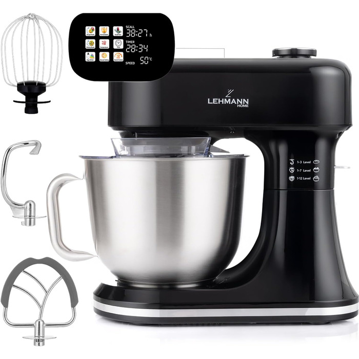 Кухонна машина Lehmann з дисплеєм, 12 швидкостей, функція ферментації з підігрівом, вбудована вага, таймер, міксер з 3 насадками та 5л чашею