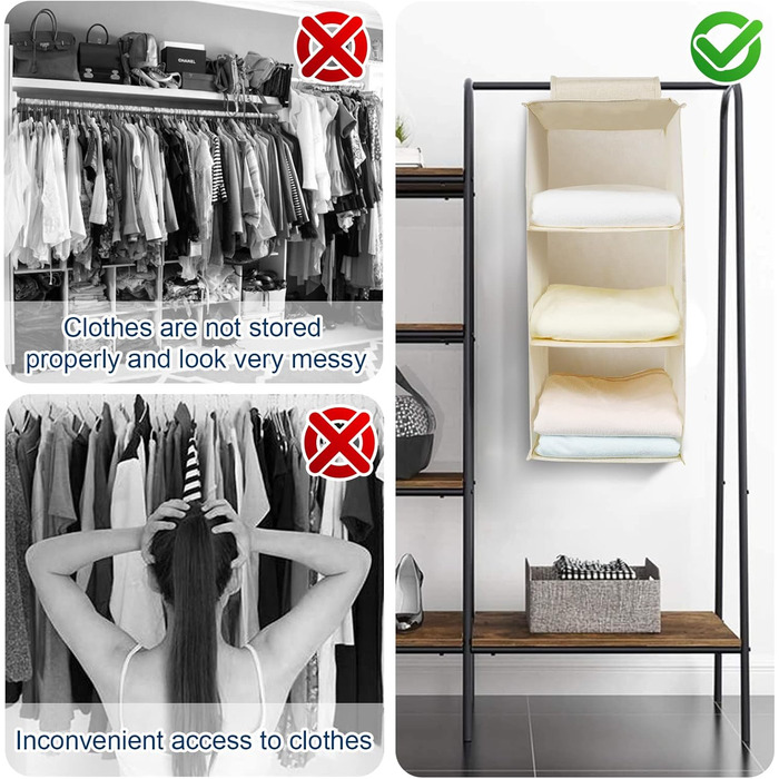 Органайзер для шафи AiQInu з 3 відділеннями, бамбуковий, бежевий (Medium)