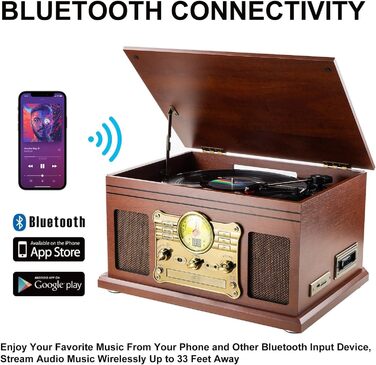 Програвач вінілу HiFi Bluetooth USB Braun: компактна стереосистема з динаміками, регульованим противагом та магнітним картриджем, RCA вихід