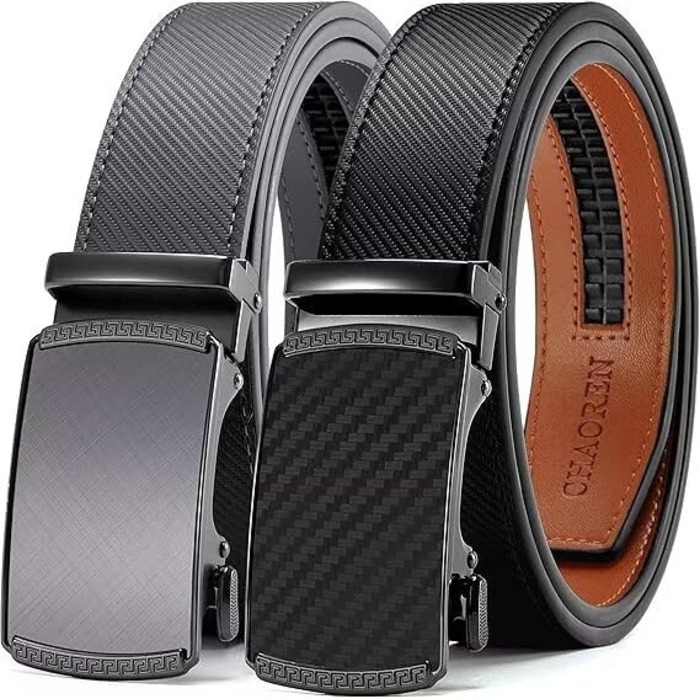 Чоловічі ремені CHAOREN 2 шт. в упаковці, 35 мм, шкіряні з автоматичною пряжкою, регульовані, ідеальні як подарунок (Carbon Gebürstet - чорний/сірий, розмір 100-110 см)