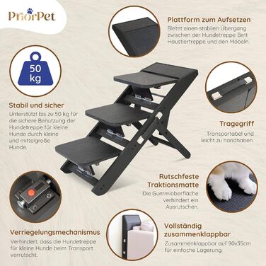 Сходинки для собак на ліжко та диван 2-в-1 - регульована рамка для собак, 18-50 см - для маленьких собак - легкі сходинки з платформою, натуральне дерево (чорний)