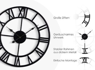 Samilito Large Wall Clock in Vintage Style, Round, Silent. Free with it: ONE extra set of clock hands in Black. Metal clock for loft, living room, bedroom and kitchen decoration (60cm, Black)