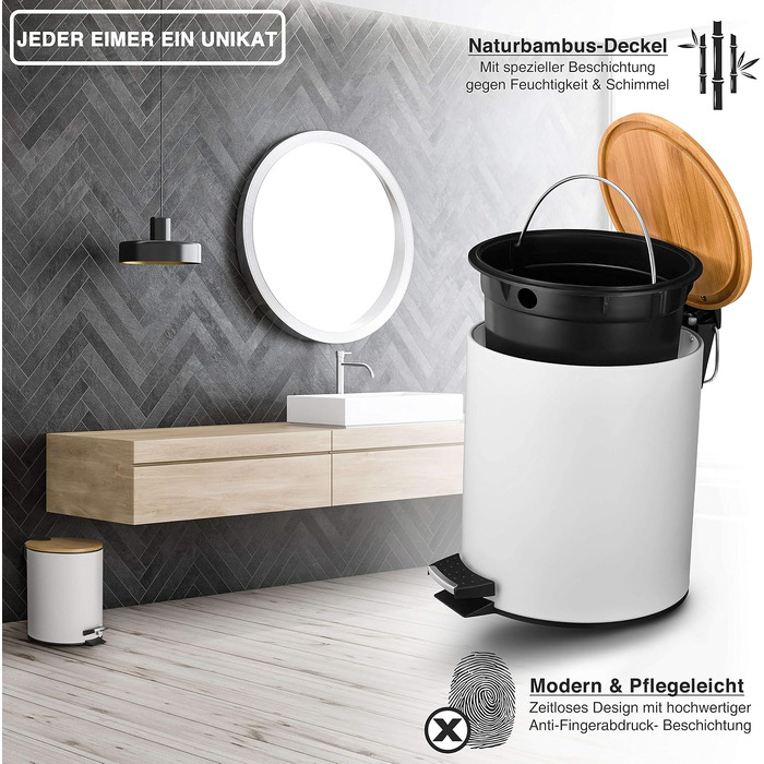 Смітник для косметики VMbathrooms з педаллю та бамбуковою кришкою, Soft-Close, 5 л, білий — для ванної кімнати та туалету