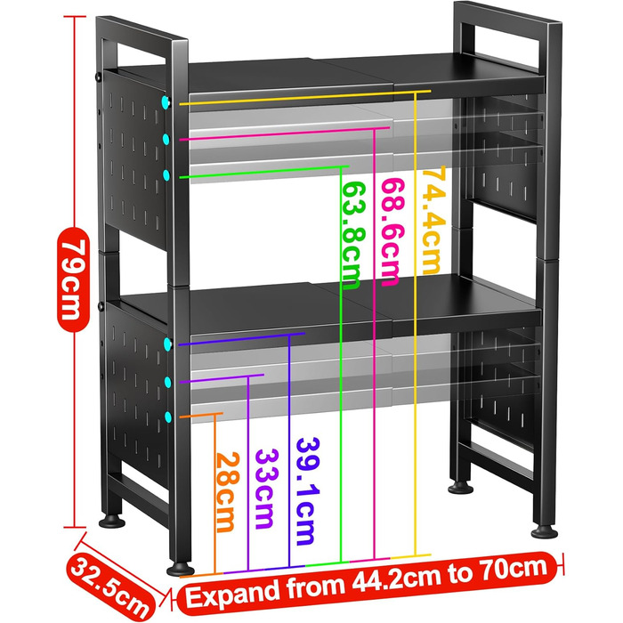 Стійка для мікрохвильової печі SAYZH, 2-рівнева розширювана, з 10 гачками, чорна