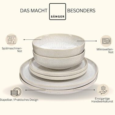 Набір посуду SÄNGER Korfu 24 елементи: сервіз на 8 осіб, керамічний посуд ручної роботи, тарілки (великі, десертні, глибокі), кремовий колір з пісочною текстурою