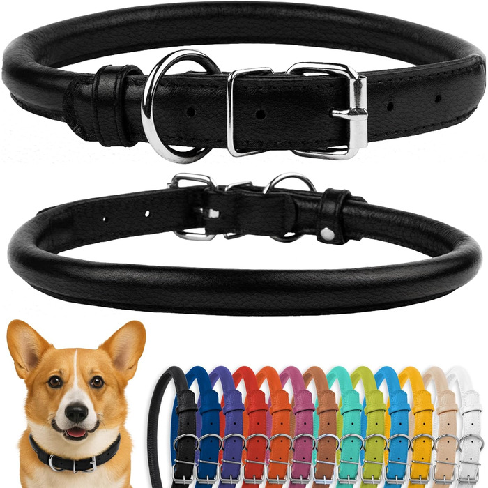 Нашийник для собак CollarDirect з м'якої шкіри, круглий, рулонований, ручної роботи, справжня шкіра, для цуценят, маленьких та великих собак, котів, чорний, рожевий, червоний, фіолетовий, синій, 35-40 см