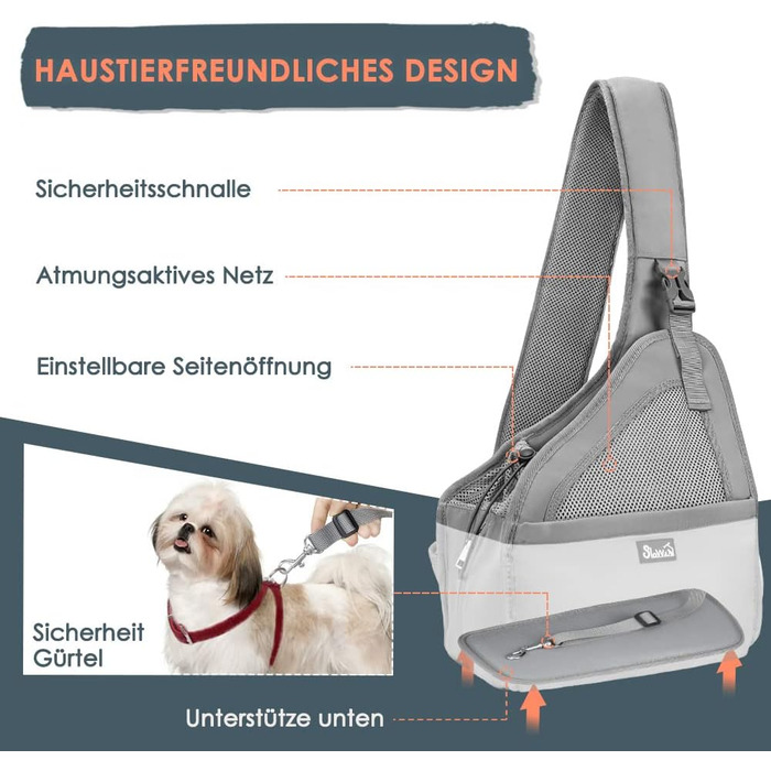 Dog-friendly baby sling/wrap for dogs, hands-free travel bag for small pets with adjustable straps, hardboard base, safety belt, for dogs up to 2.8kg, wider version (L - For pets under 5.5kg), Grey