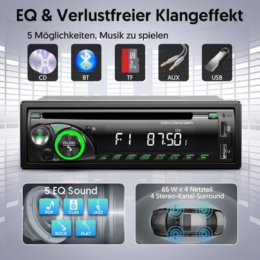1DIN автомобільна магнітола 9-24V з CD/DVD, Bluetooth, RDS, FM/AM, MP3, 2 USB, SD, AUX, керування з керма, 7 кольорів, зелена