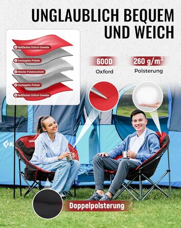Крісло для кемпінгу KingCamp Moonchair XXL: зручне, з підлокітником, витримує до 205 кг, для відпочинку на природі, саду, риболовлі та балкону (червоний)