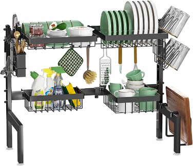 Регульована сушилка для посуду на 2 яруси, 66-85 см, чорна, з 4 кошиками для столових приборів та тримачем для напоїв