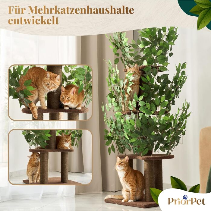 Дерево для котів з листям – Стабільний та компактний – 4 поверхні для дряпання та 3 стовпчики – Ідеально для лазіння, ховання та сну – Легка збірка – Безпечний та довговічний cat tree з натуральних матеріалів